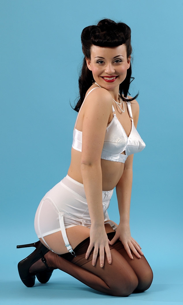 Brunette Pin Up Carla Brown wearing Black Sheer Stockings and White Lingerie
